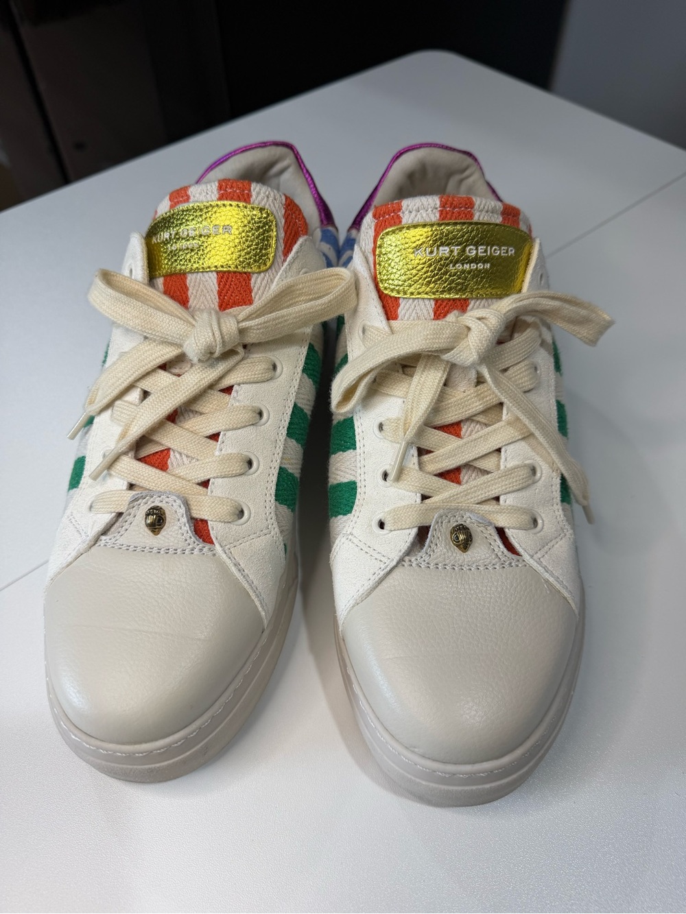 Kurt Geiger Cream Leather Sneakers with Green, Orange & Gold Accents